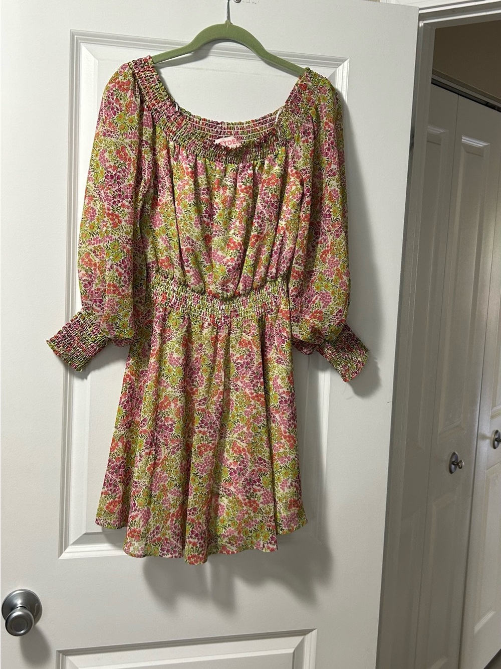 Leyden Pink & Green Floral Off-Shoulder Mini Dress